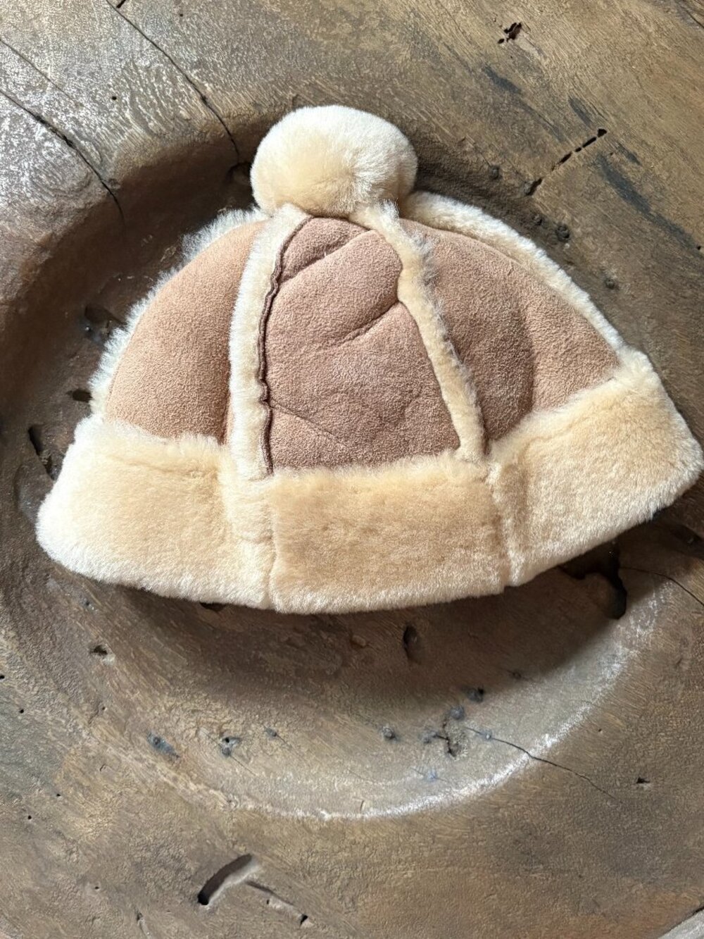 Vintage Ranger shearling sheepskin tan winter pompom beanie hat size small READ